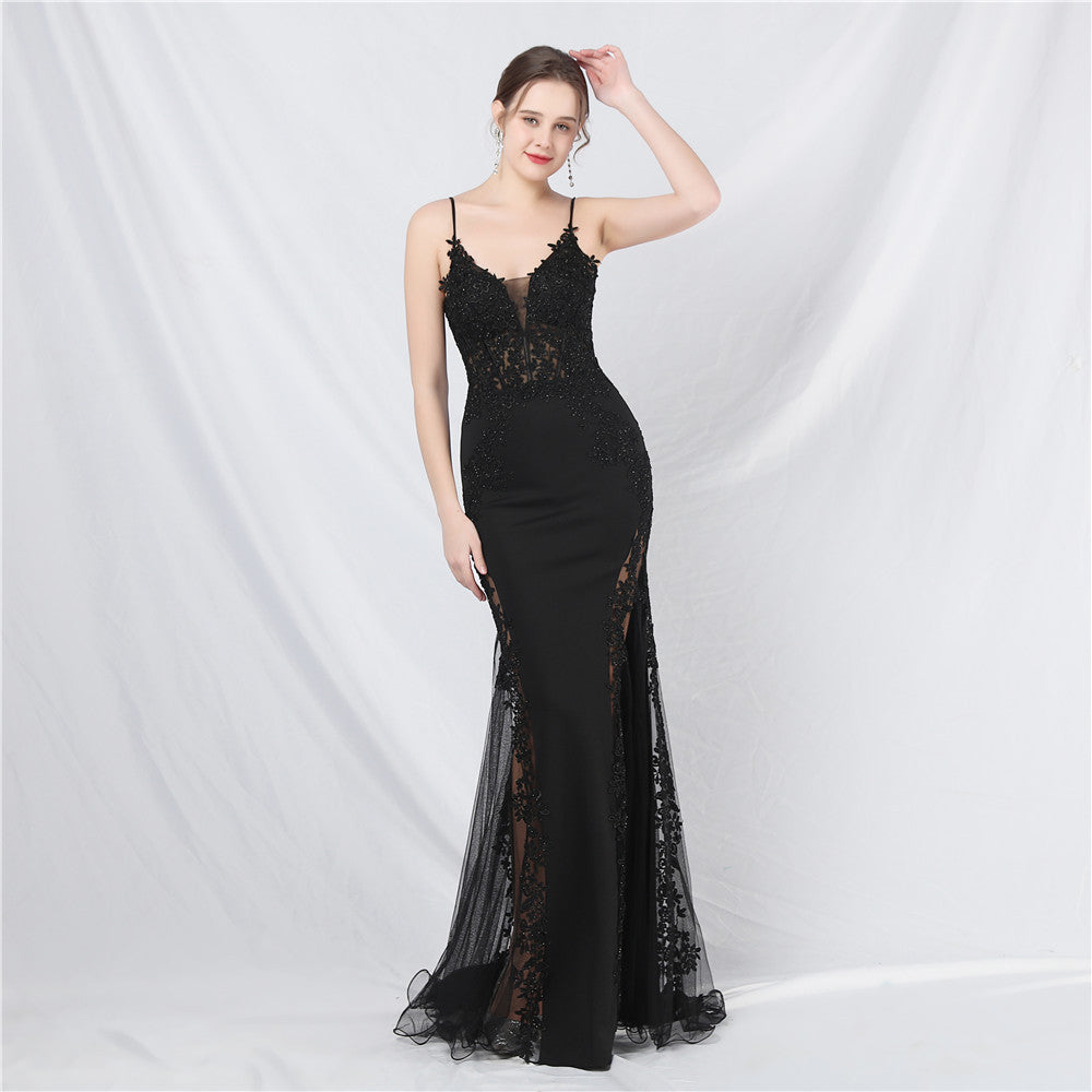 Women Lace Beaded Fishbone Vest Off-Shoulder Tail Evening Gown 8