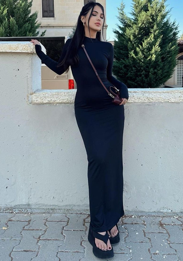 Women's Autumn Winter Stand Collar Long Sleeve Slim Solid Color Bodycon Dress