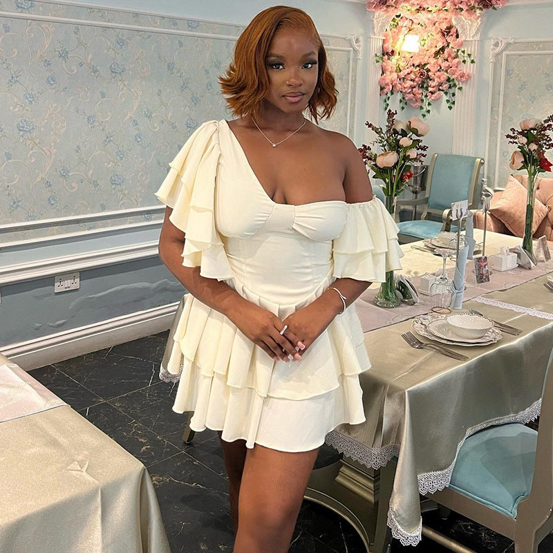 Women Solid Ruffle Sleeve Irregular Slash Shoulder Cascading Ruffles Dress 3