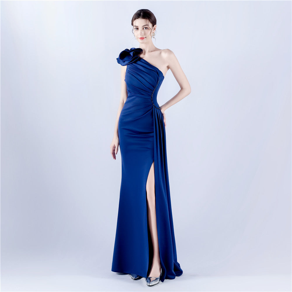 Elegant Flower Slash Shoulder Slit Evening Dress 17