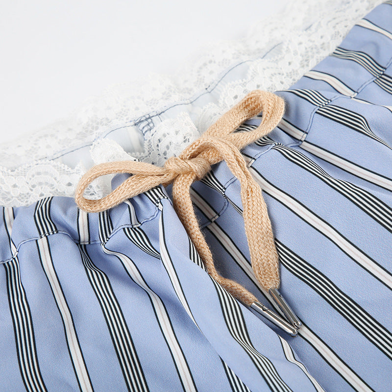 Women Summer Multi-Color Striped Lace Up Loose Wide Leg Pants 13