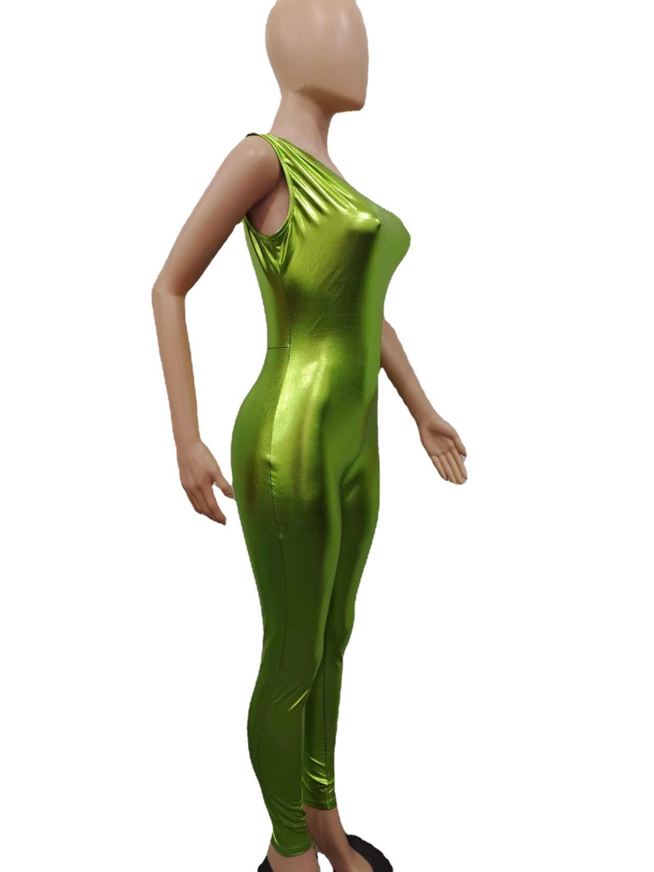 Sexy One Shoulder Solid Color Sleeveless Slim Fitted Pu Leather Jumpsuit 14