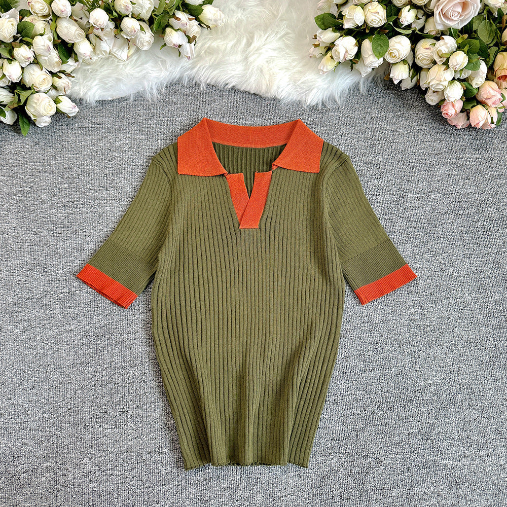 Women French Polo Neck Contrast Knittin Summer Short Sleeve Top