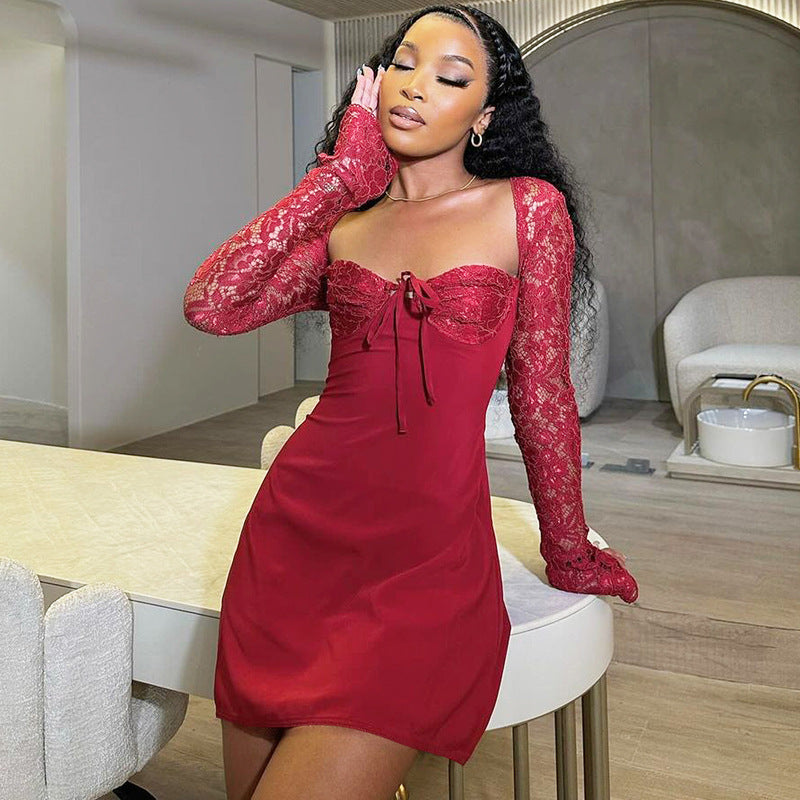 Summer Women Lace Long Sleeve Sexy Backless Plunging Bodycon Dress