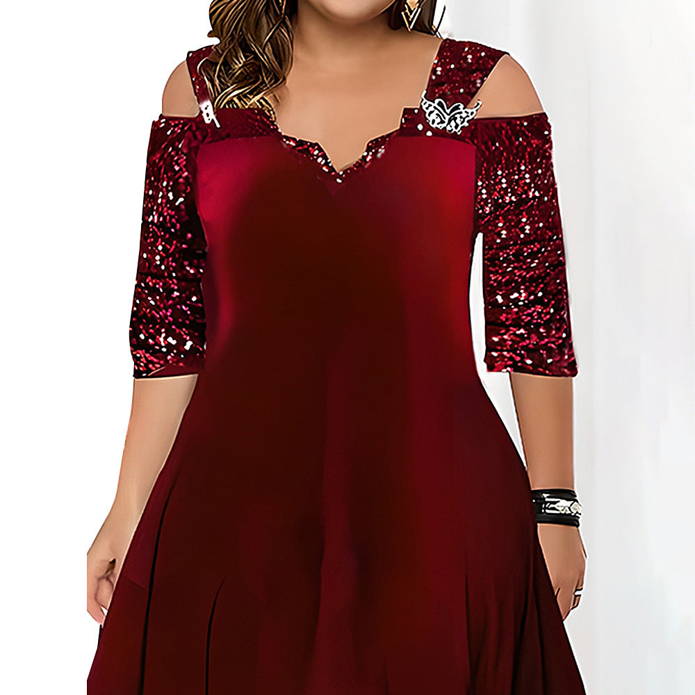 Plus Size Women Autumn Solid Sequins Maxi Dress 5