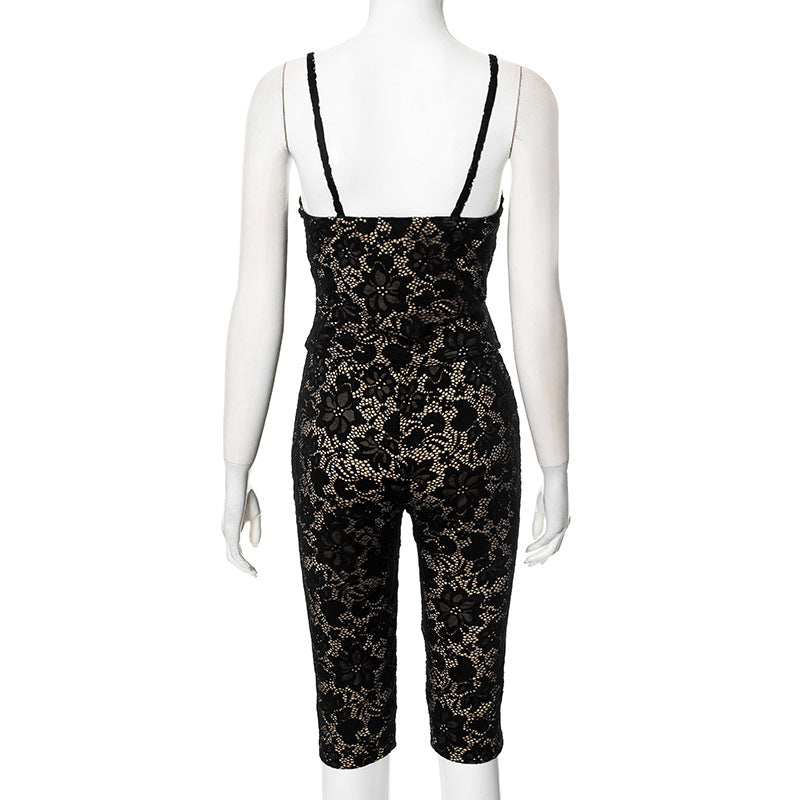 Women's Sexy Lace See-Through Strap Top Casual Pants Two-Piece Set 10