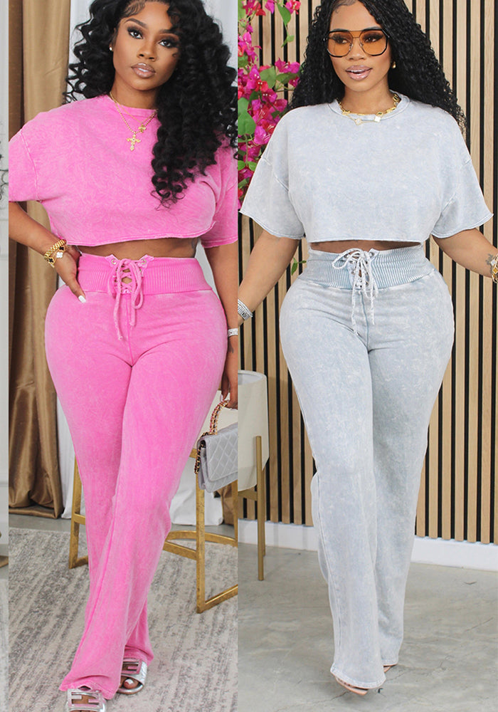 Women Casual Round Neck Top Lace-Up Pant Two-piece Set