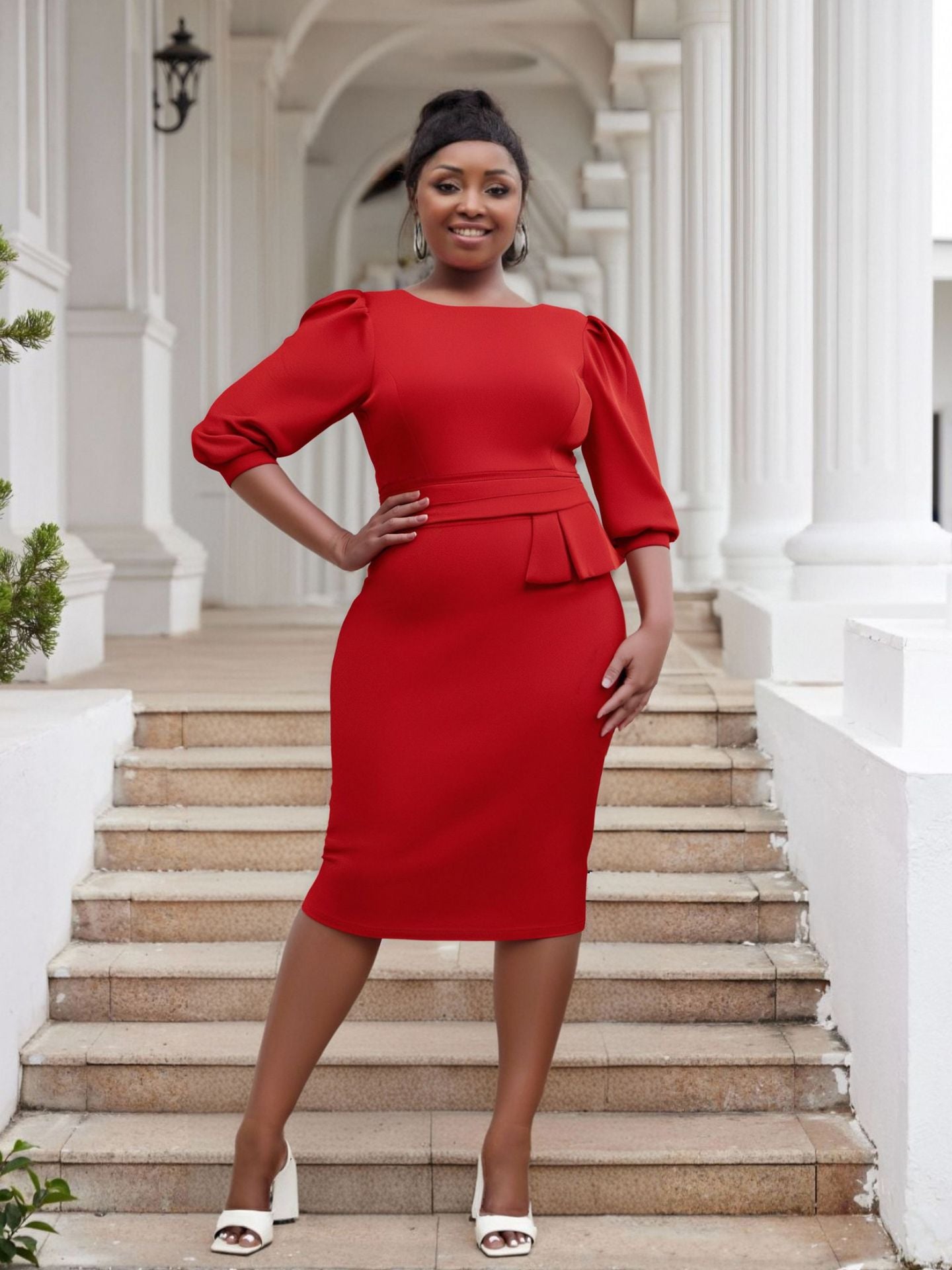 Plus Size Women o-neck pleated dress