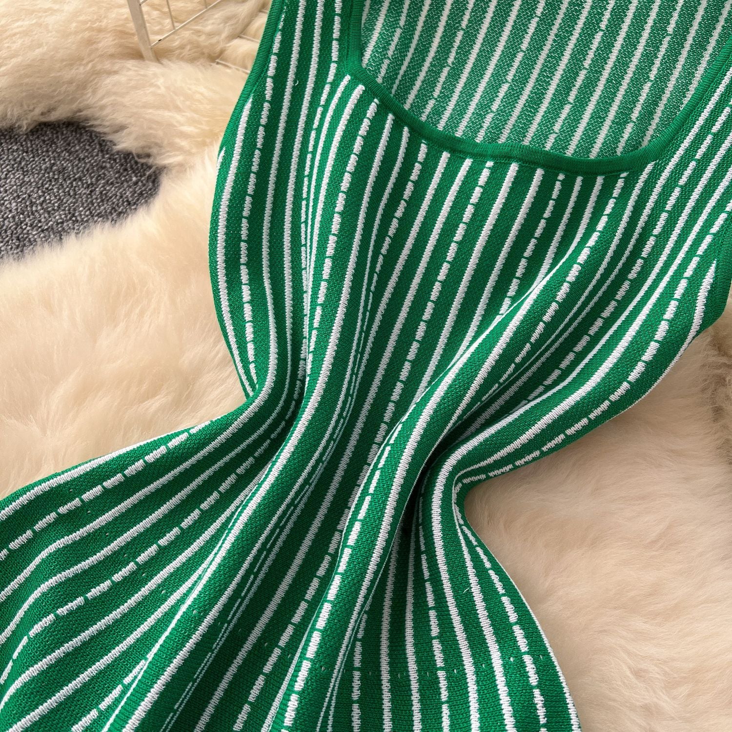 Women's Summer Square Neck Sleeveless Striped Slim Knitting Dress 17