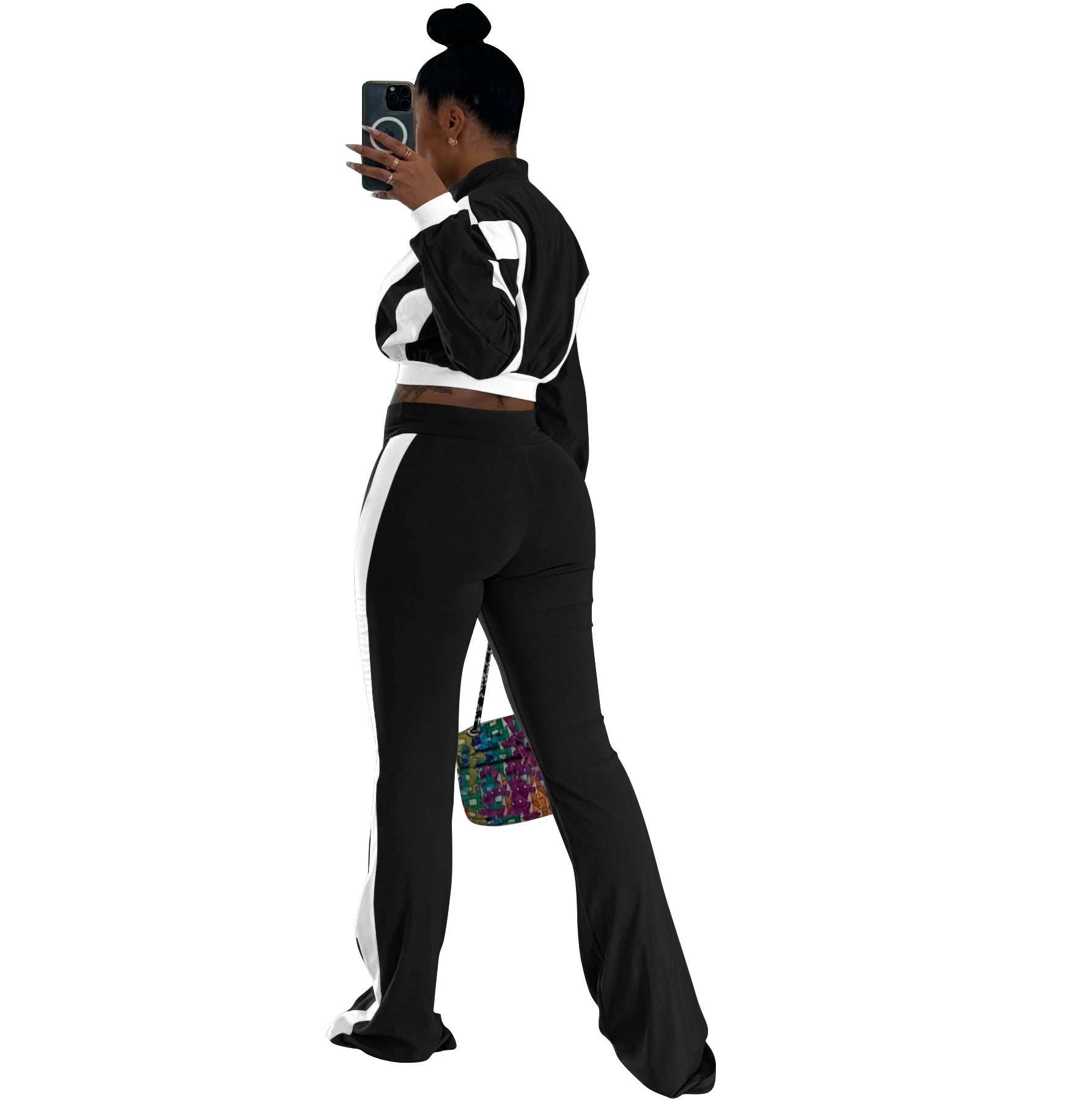 Women's Chic Casual Color-Block Long-Sleeve Zipper Top Slim Fit Bell Bottom Pants Set 8