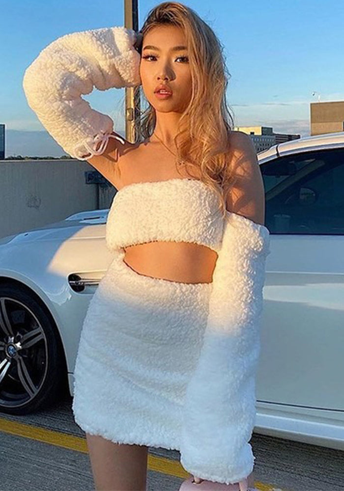 Winter Women Sexy Strapless Furry Top Bodycon Skirt Three-Piece Set