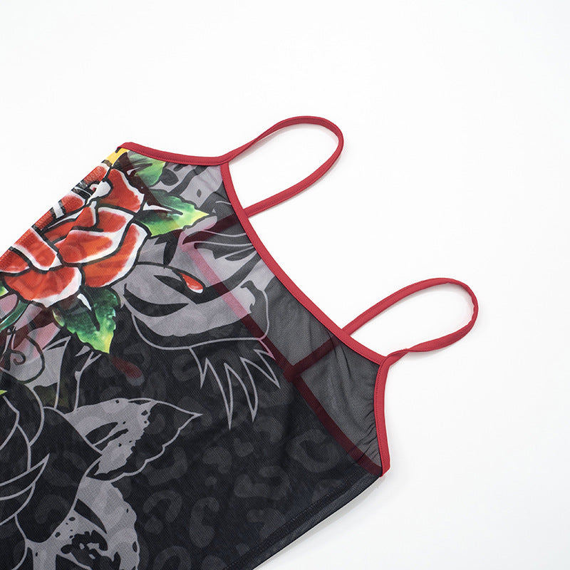 Spring & Summer Women's Strappy Round Neck Floral Print See-Through Mesh Bodycon Dress 14