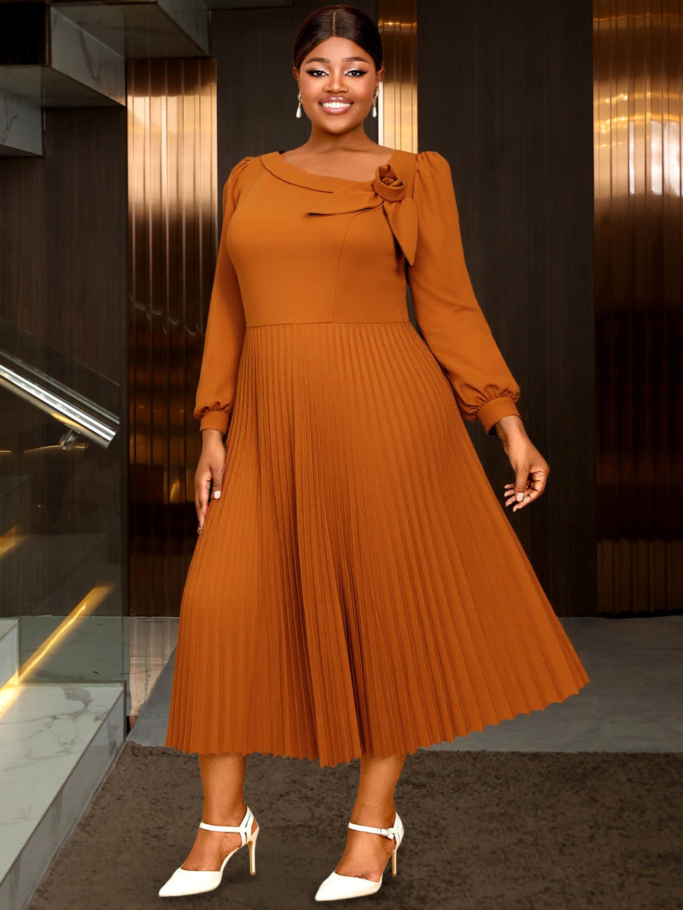 Plus-Size Women Elegant Brown Long-Sleeved Slash Shoulder Floral Pleated Evening Dress 4