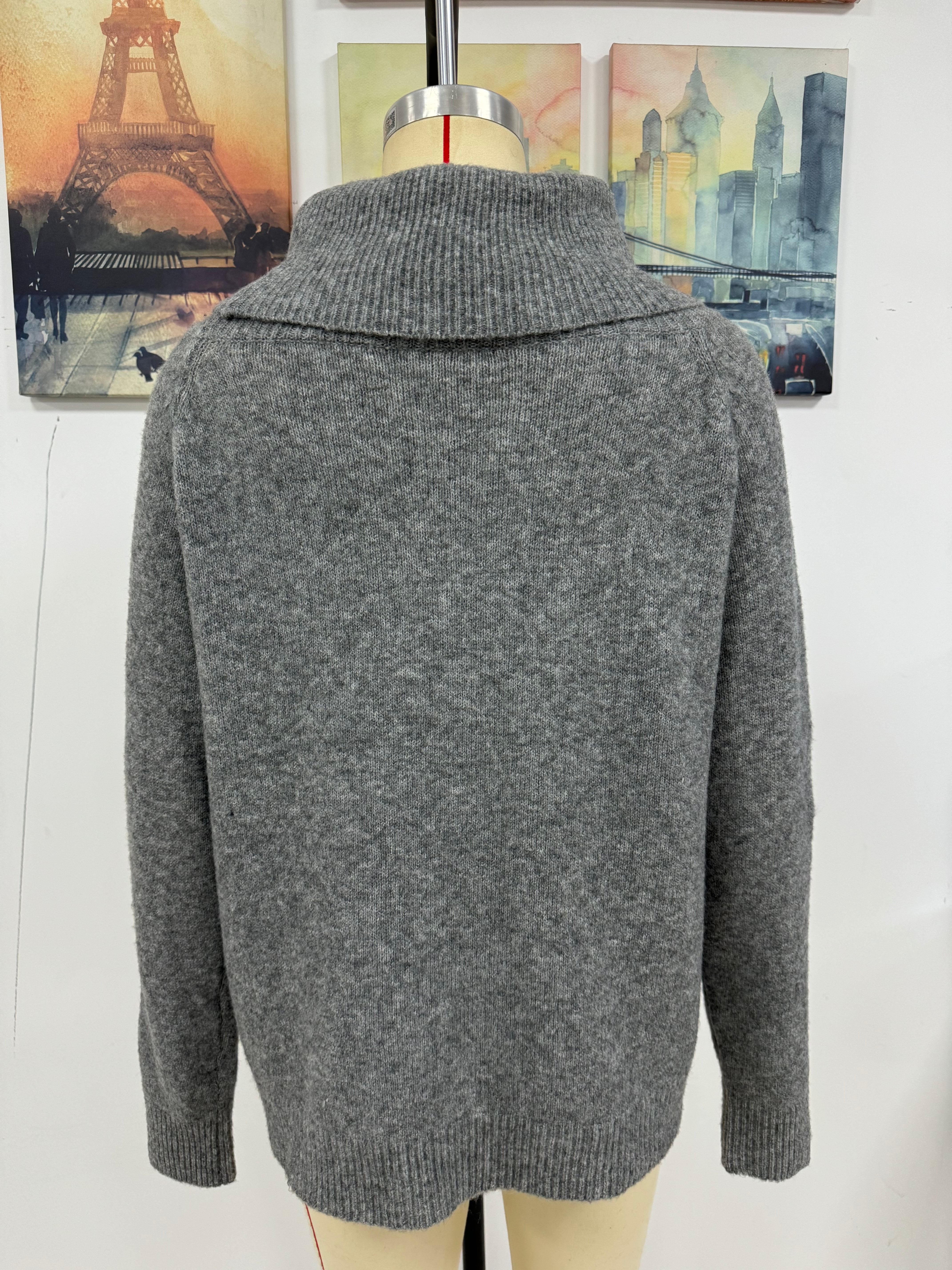 Women Autumn Winter Stacked Collar Solid Color Off Shoulder Loose Sexy Knitting Shirt Long Sleeve Sweater 5