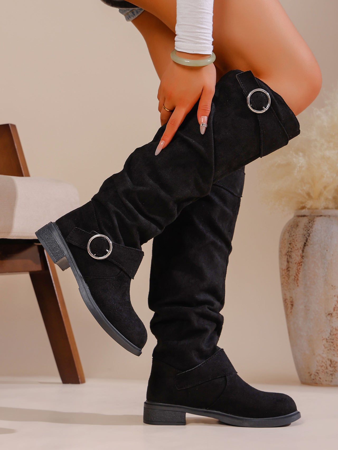 Autumn Winter Pleated Stacked Boots Women SChunky Heel Platform Suede Boots 21