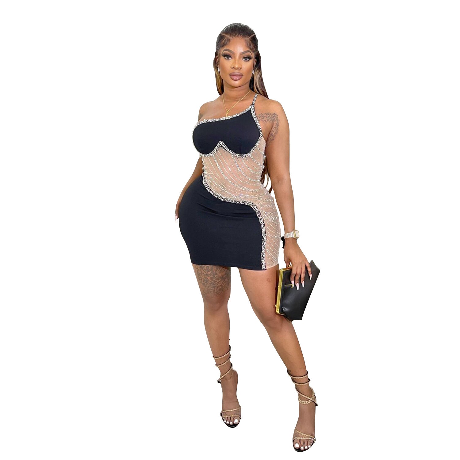 Women's Fashion Solid Color Mesh Beaded Straps Bodycon Dress 10