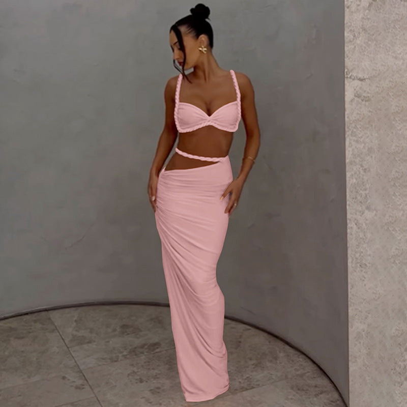 Women Spring Sexy Solid Backless Top and Bodycon Skirt Two-piece Set 38