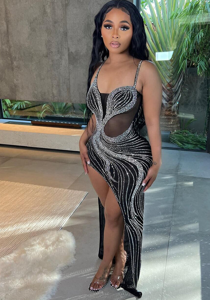 Sexy Rhinestone beaded slit Straps Party Dress