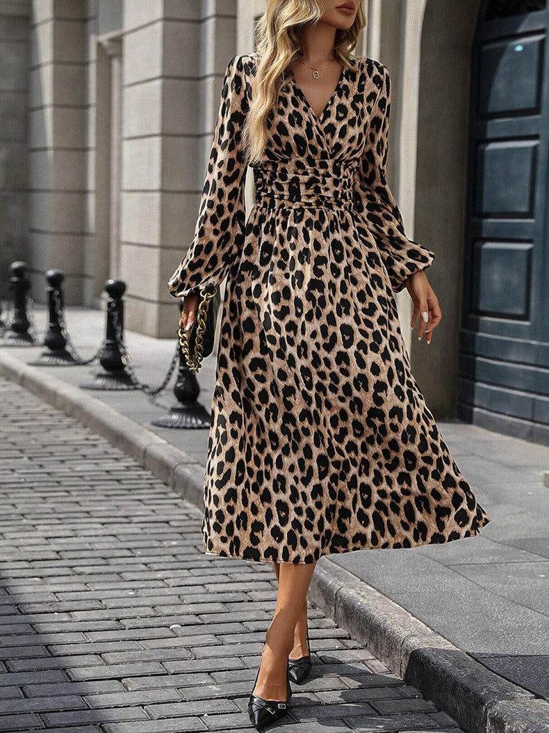 Leopard Print Women Autumn Lantern Sleeve Long Dress 13