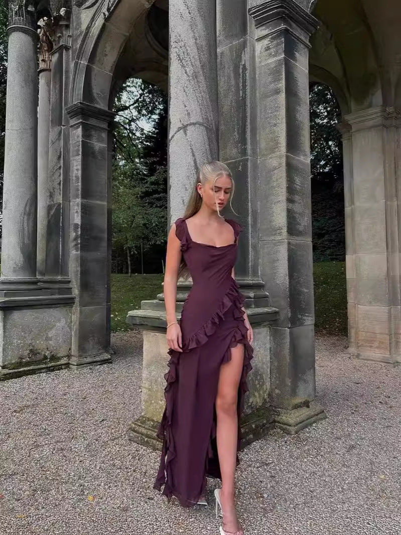 Women Sexy Summer Halter Square Neck Ruffle Edge Side Slit Solid Dress 6