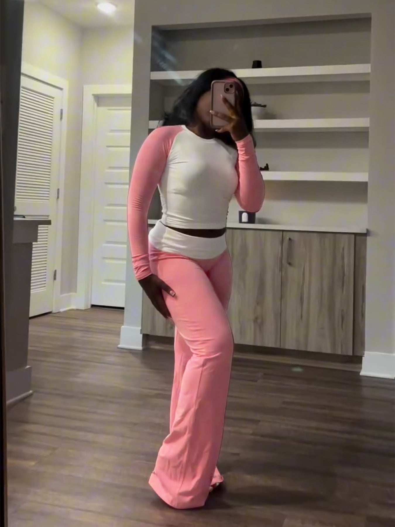 Women's Contrast Color Tight Fitting High Waist Slim Fit Two Piece Pants Set