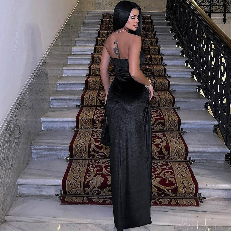 Women's Spring Fashion Sexy Slit Pleated Strapless Dress 5