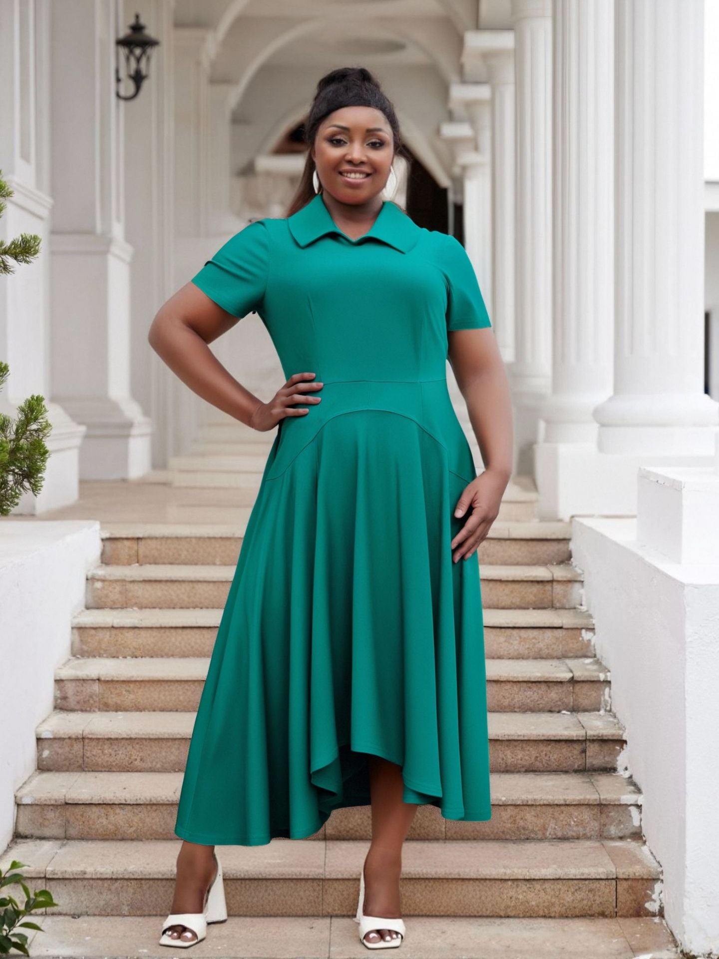 Plus Size Women Turndown Collar Irregular Elegant Dress 6