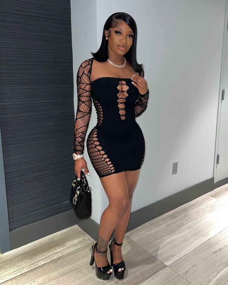 Women Solid Square Neck Hollow Sexy Bodycon Dress