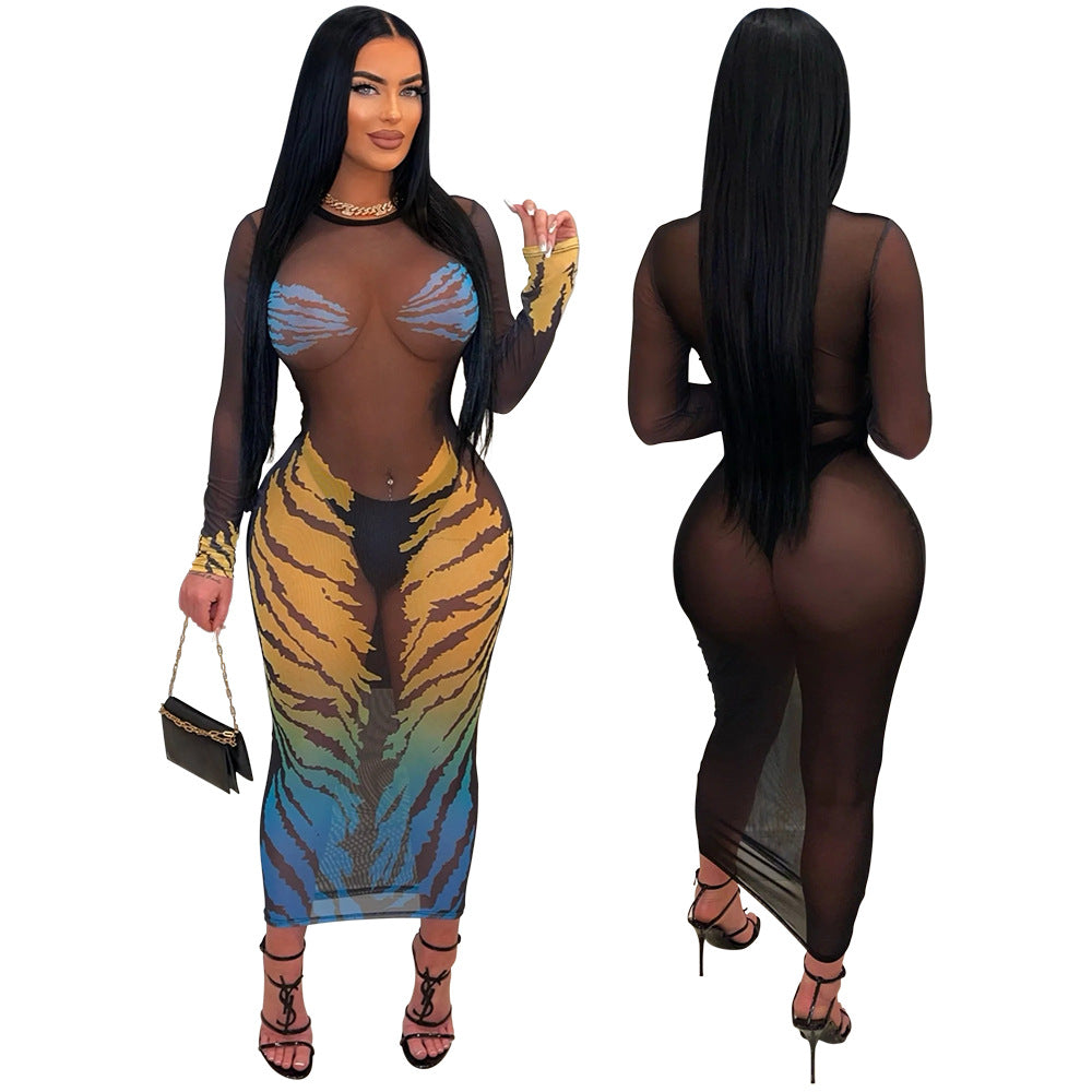 Women Fashion Round Neck See-Through Print Mesh Dress