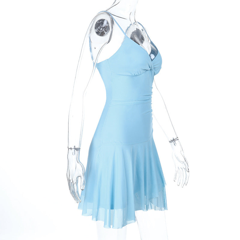 V-Neck Slim Waist Strap Dress Summer Solid Holiday Dress 4