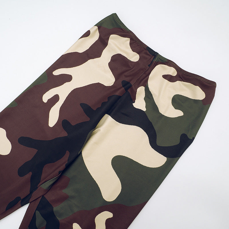 Women Spring/Summer Strapless Lace-Up Camouflage Gathered Top and Pants Two-Piece Set 9