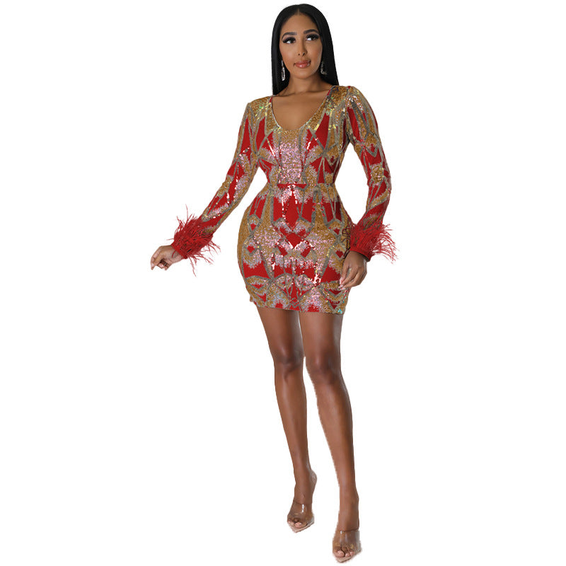 Women's V Neck Sexy Sequin Long Sleeve Nightclub Party Dress 11