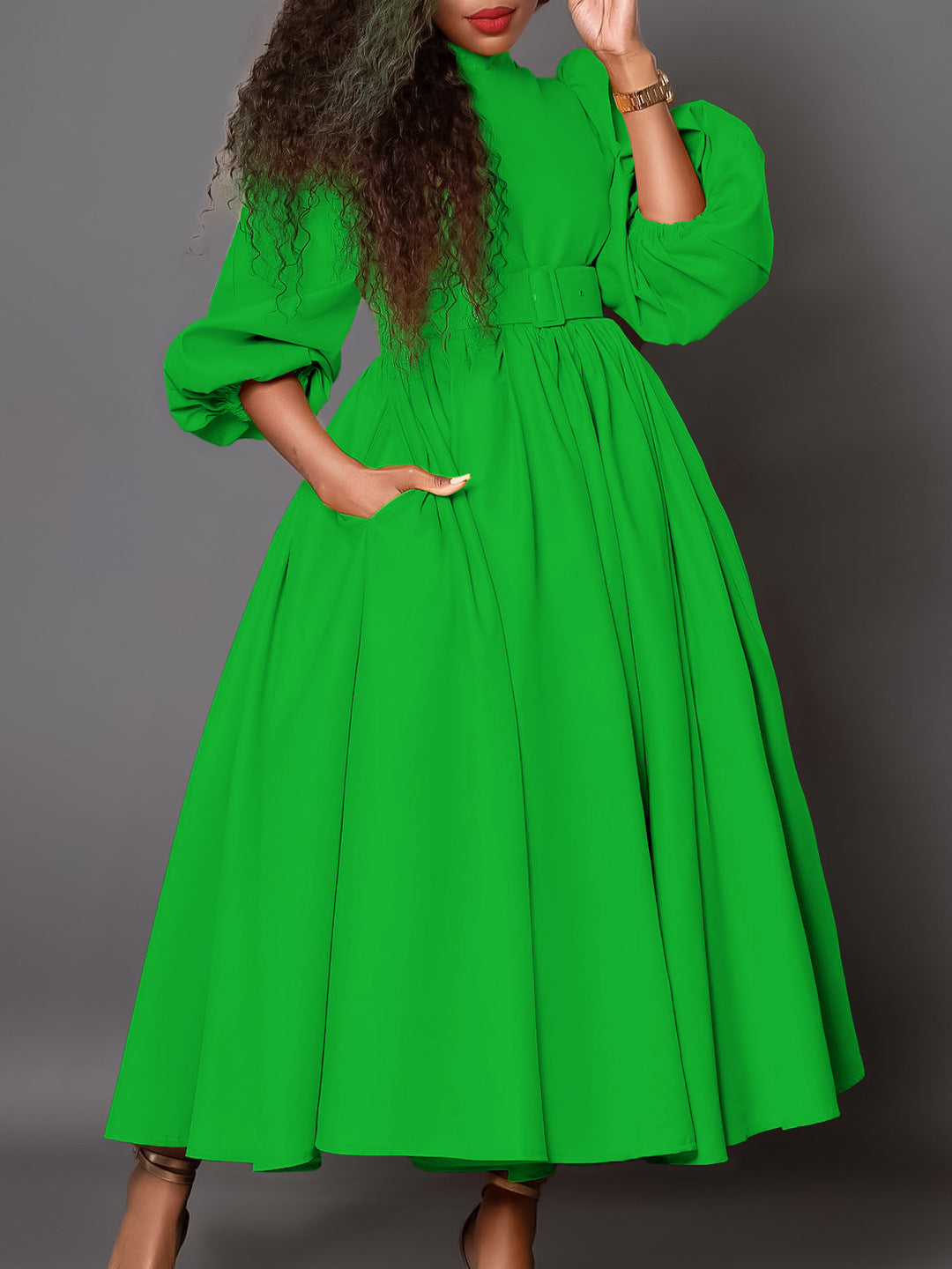 Women's Half Turtle Neck Three-Quarter Sleeve Chic Slim Waist Slim Fit Swing Dress 7