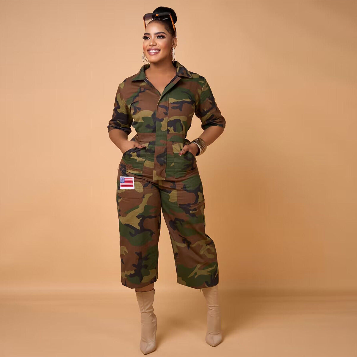 Women Camouflage Print Pocket Turndown Collar Jumpsuit