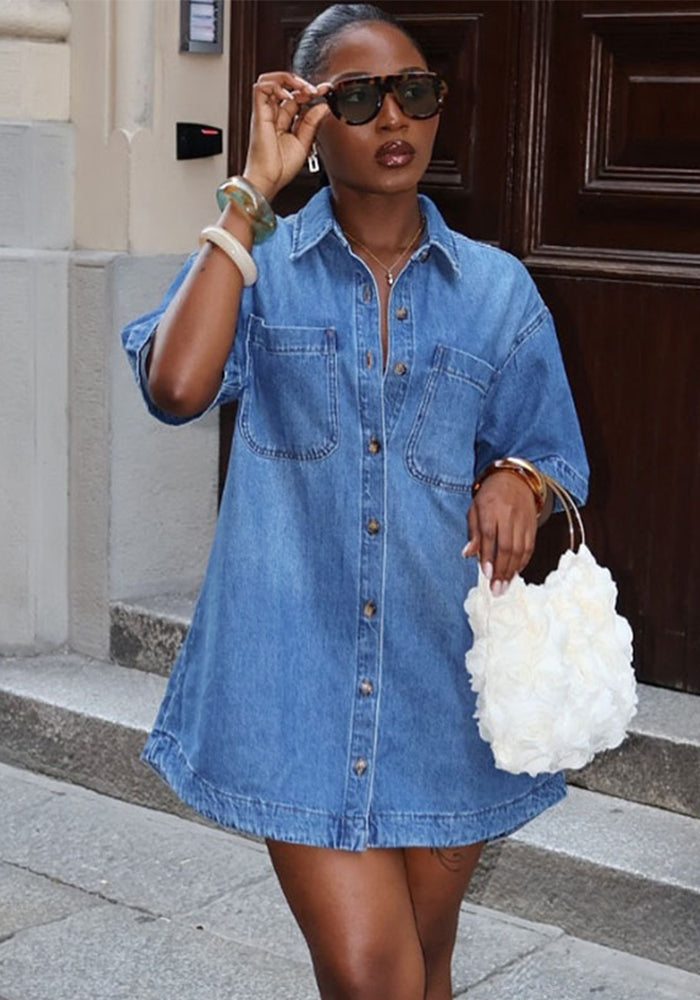 High Street Turndown Collar Button-Up Denim Shirt