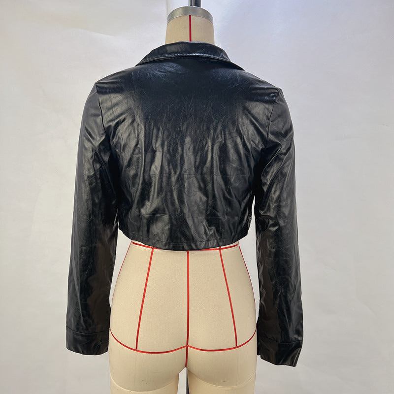 Women Sexy Crop PU-Leather Jacket 13