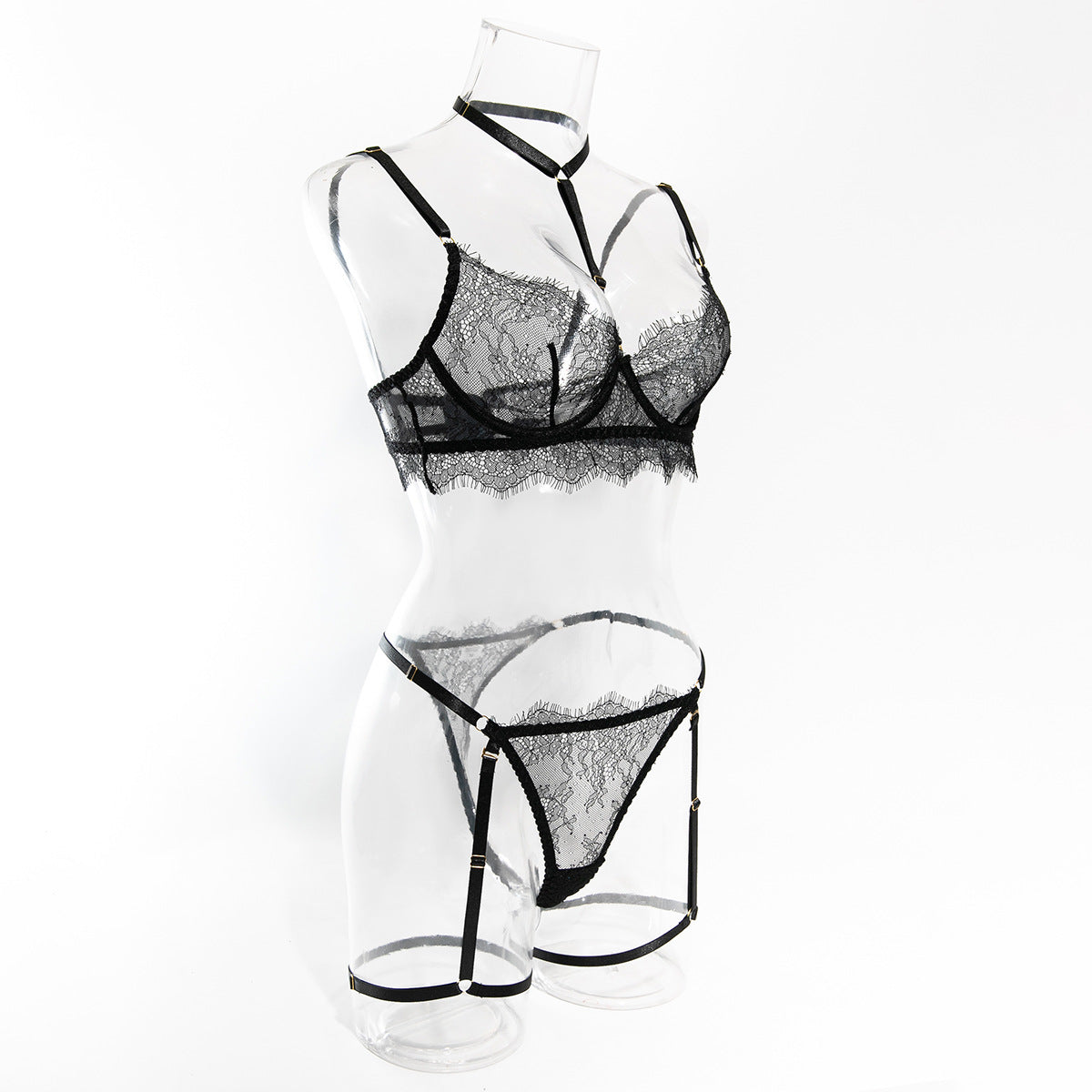 Women hollow lace eyelash halter neck lingerie set with detachable leg loops 26