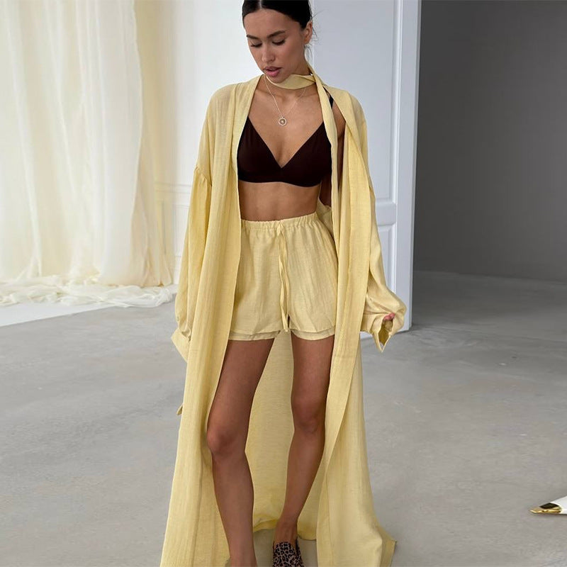 Women's Summer Fashion Lantern Sleeve Cardigan Wide-Leg Shorts Casual Set