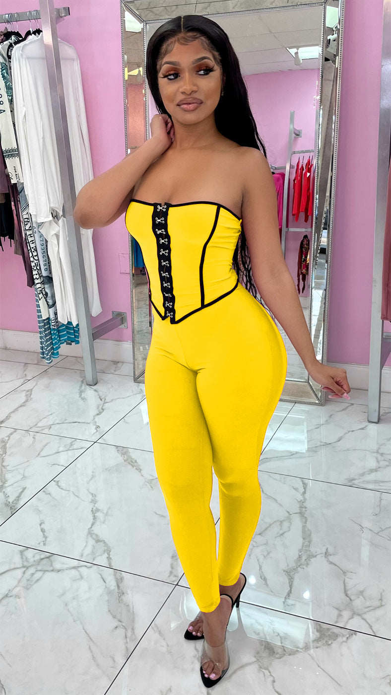 Women's Color Matching Low Back Vest Top and Pants Two-Piece Set