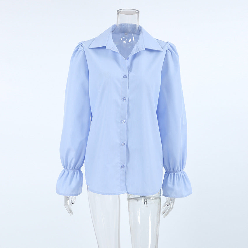 Women autumn and winter blue Turndown Collar Bell Bottom sleeve Shirts 9