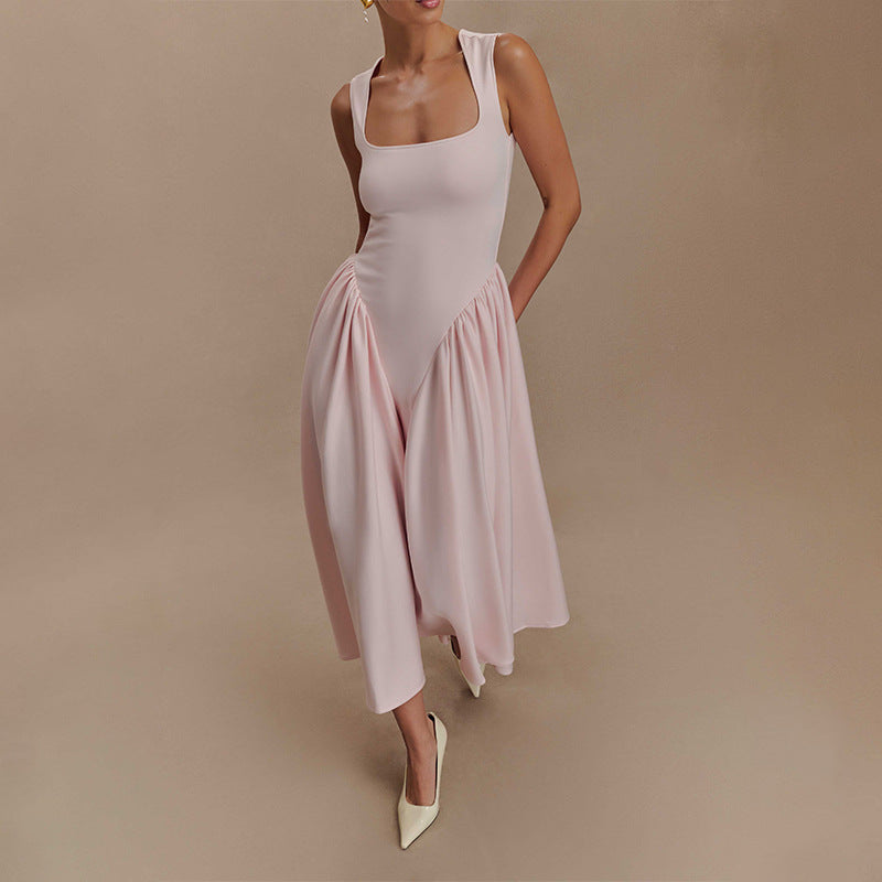 Spring Elegant Square Neck Strap Long Dress 7