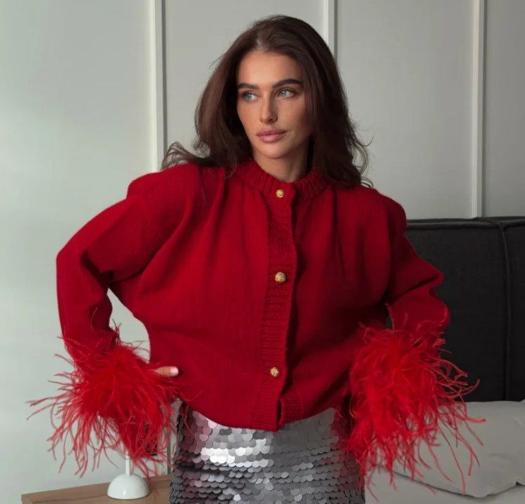 Women's Furry Patchwork Long Sleeve Button Knitting Cardigan