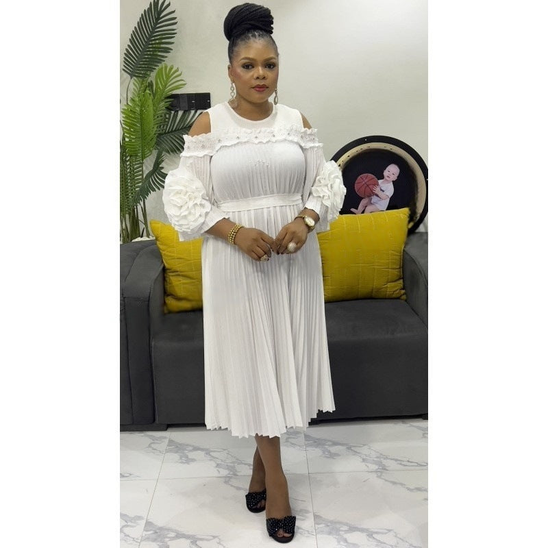 Beaded Cutout-Shoulder Pleated African Chic Loose Dress 8