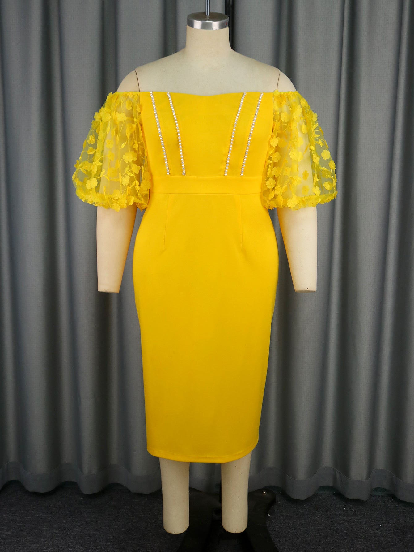 Women Sexy Strapless See-Through Lantern Sleeve Party Cocktail Beading Dress 3