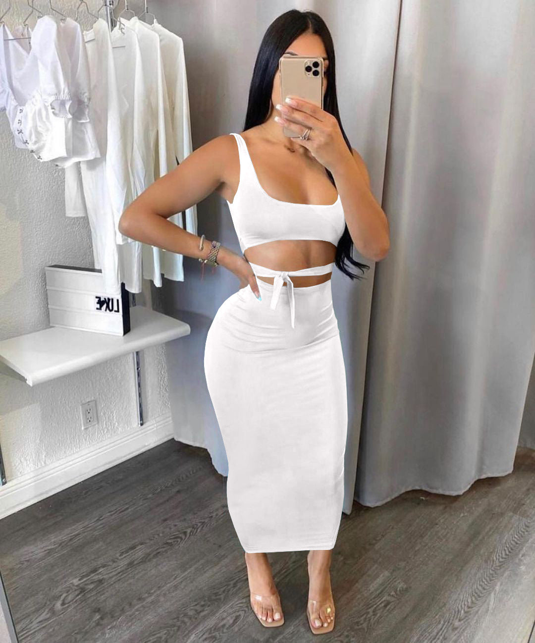 Women's Spring Summer Solid Color Strap Slim Two Piece Skirt Set