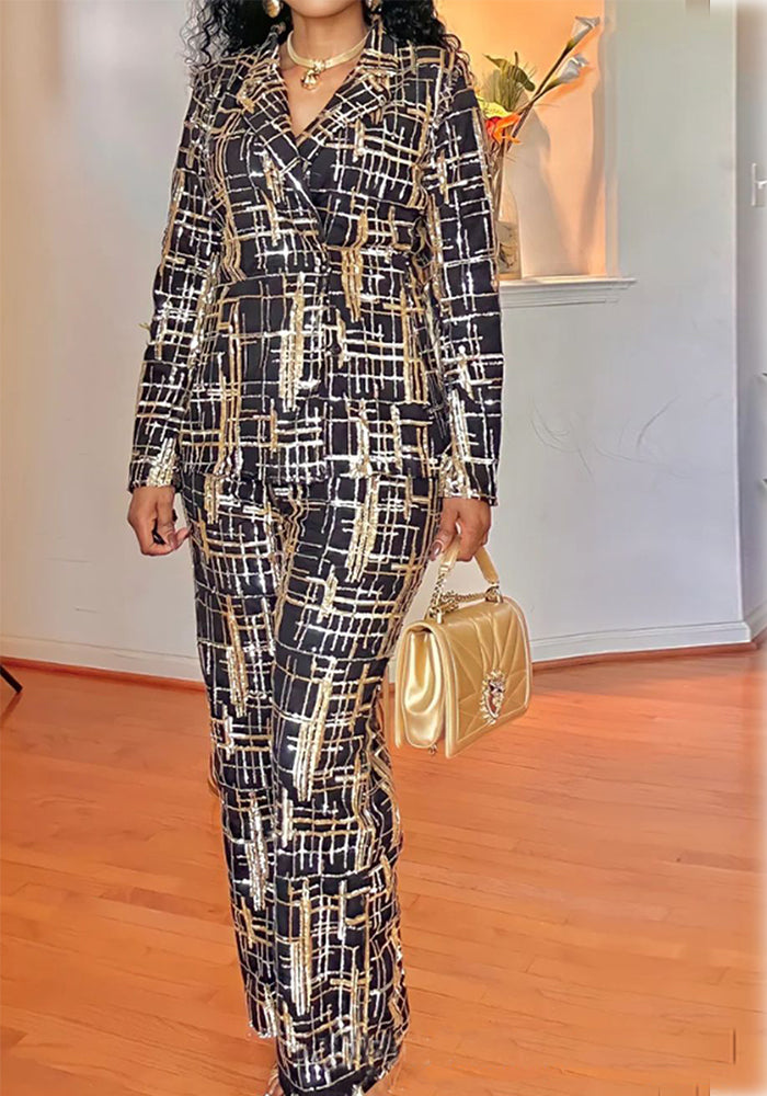 African Women's Autumn And Winter Sequin Embroidered Fashion Casual Long Sleeve Two Piece Suit