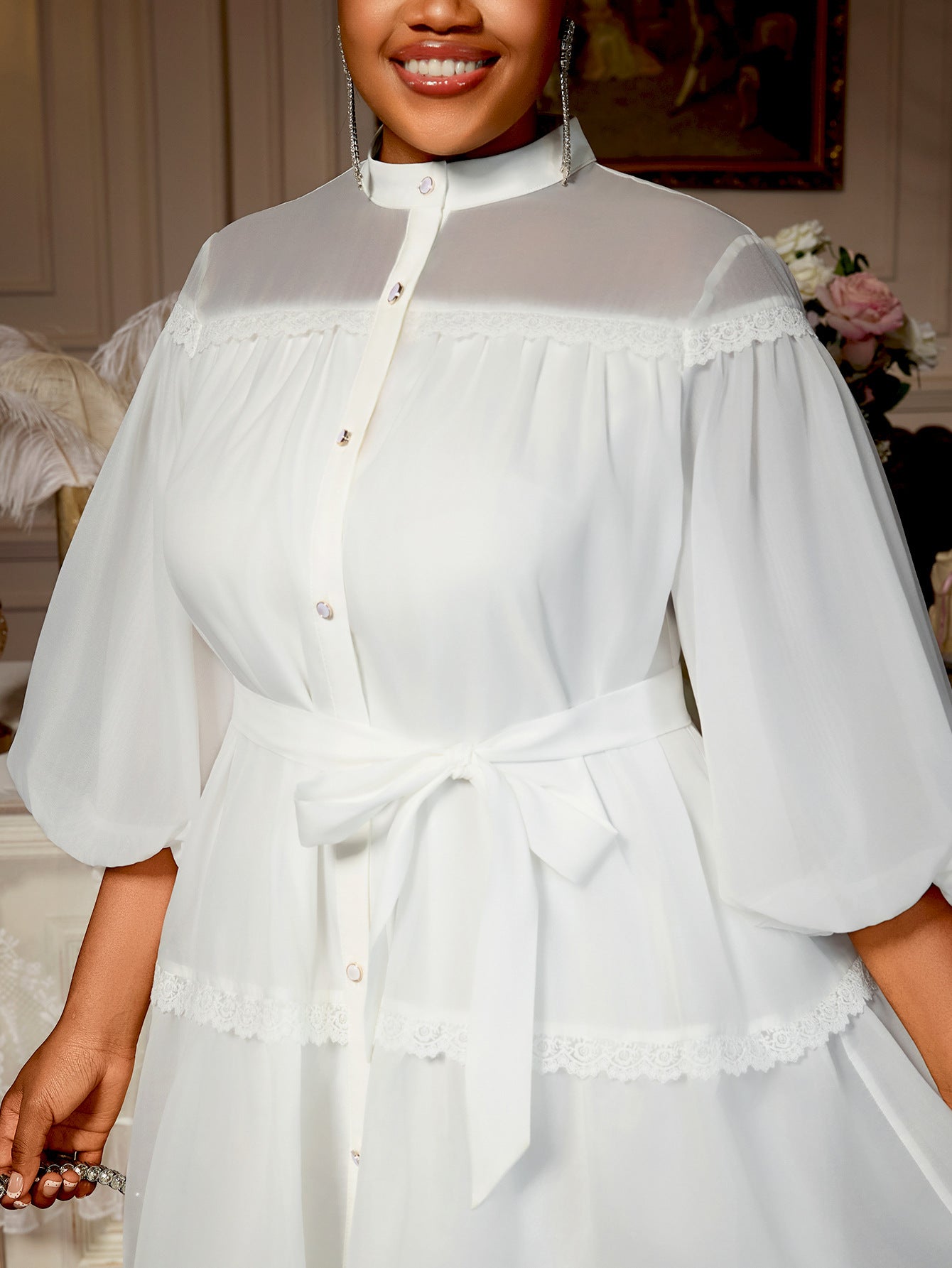 Plus Size White Lantern Sleeves Belted Button-Detail Blouse Dress Lantern Sleeves Career Wear 10