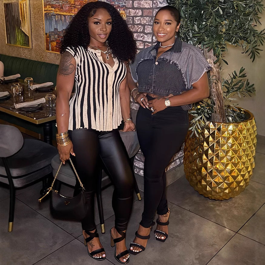 Women Casual Washed Colorblock Denim Jacket 5