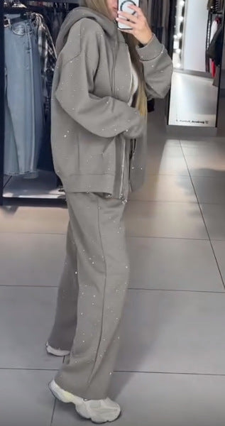 Women Autumn Winter Zipper Beaded Casual Hooded Hoodies Wide-Leg Pants Two-Piece Sports Suit 9