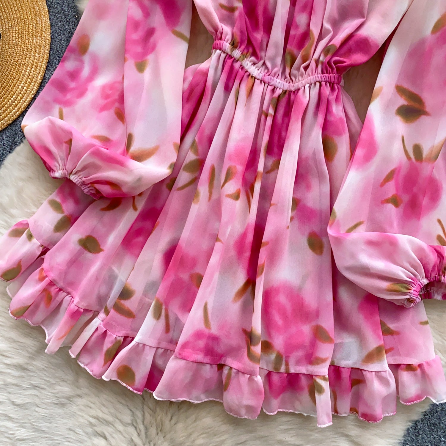 Holidays Style Women's Lace Up Slim Waist V neck Lantern Sleeve Ruffled Floral Short Dress 13